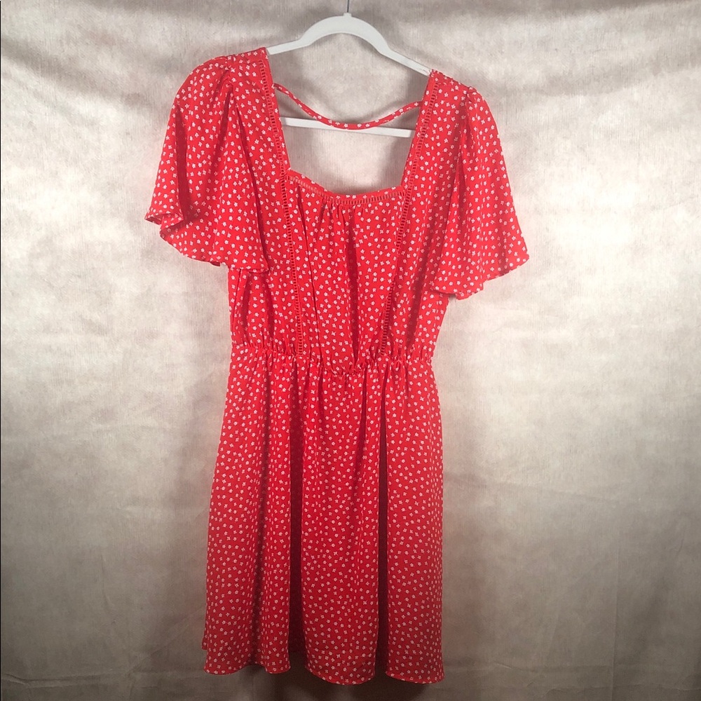 Red Floral‎ Square Neck Open Back Flutter Sleeve Dress